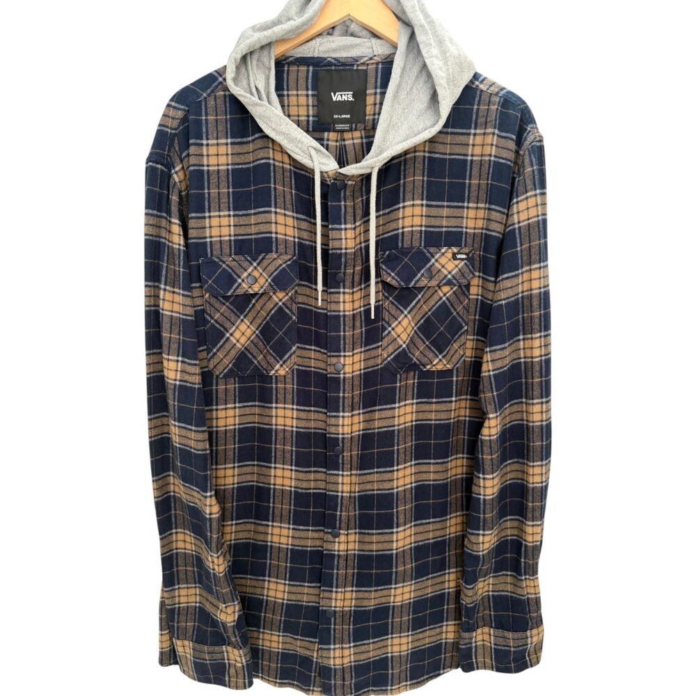 Vans Navy Blue Drawstring Hood Plaid Button-Up Cotton Hooded Men's 2XL